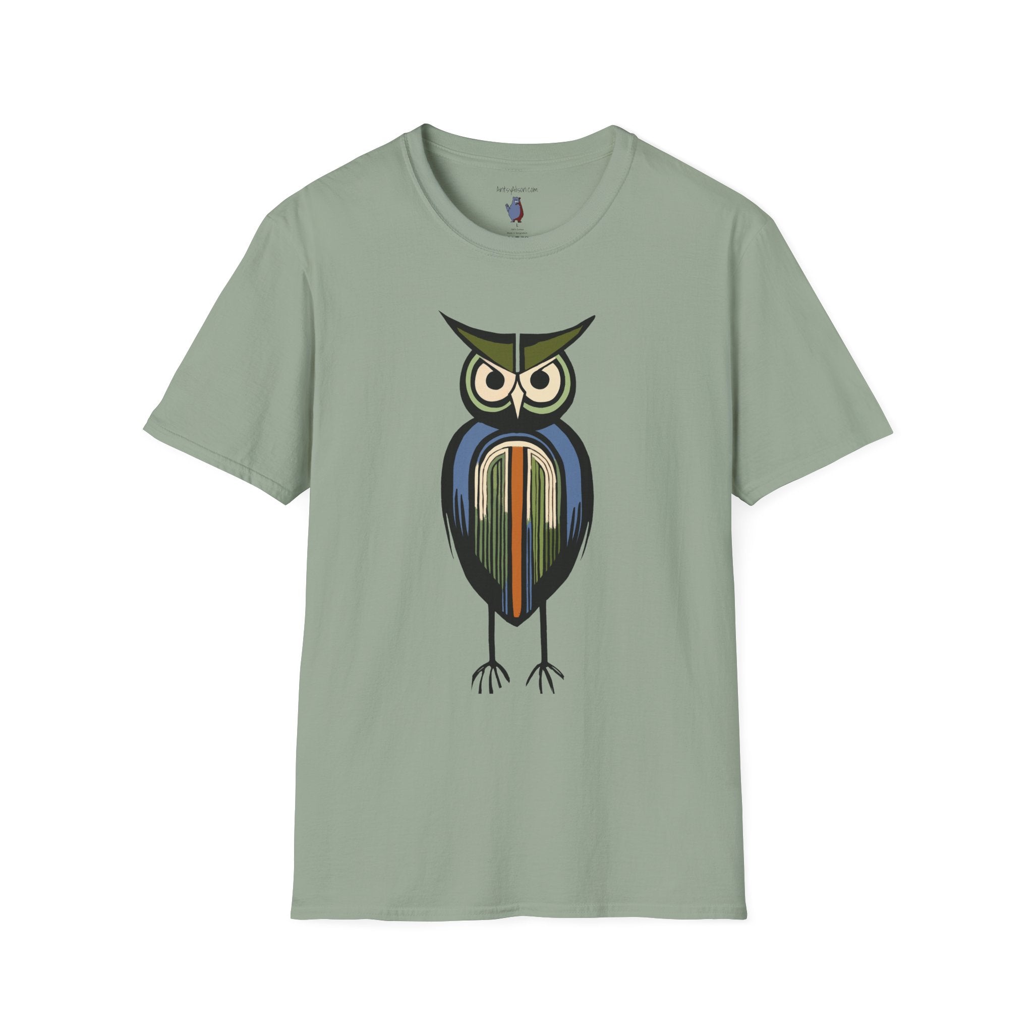 Midwest Modern Serious Striped Owl Graphic Art Tee - 100% Cotton T-Shirt