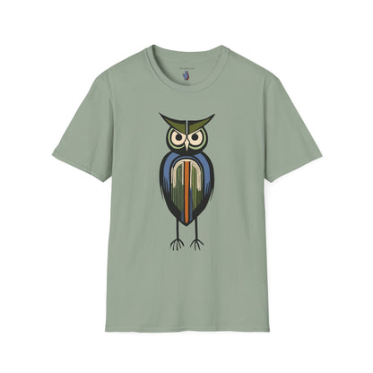 Midwest Modern Serious Striped Owl Graphic Art Tee - 100% Cotton T-Shirt