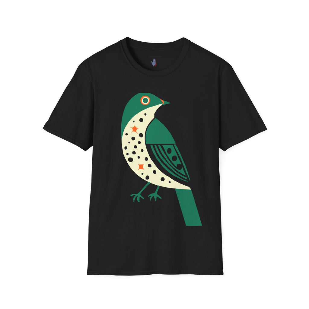 Green and Orange Moon Bird Graphic Art Tee - 100% Cotton T-Shirt