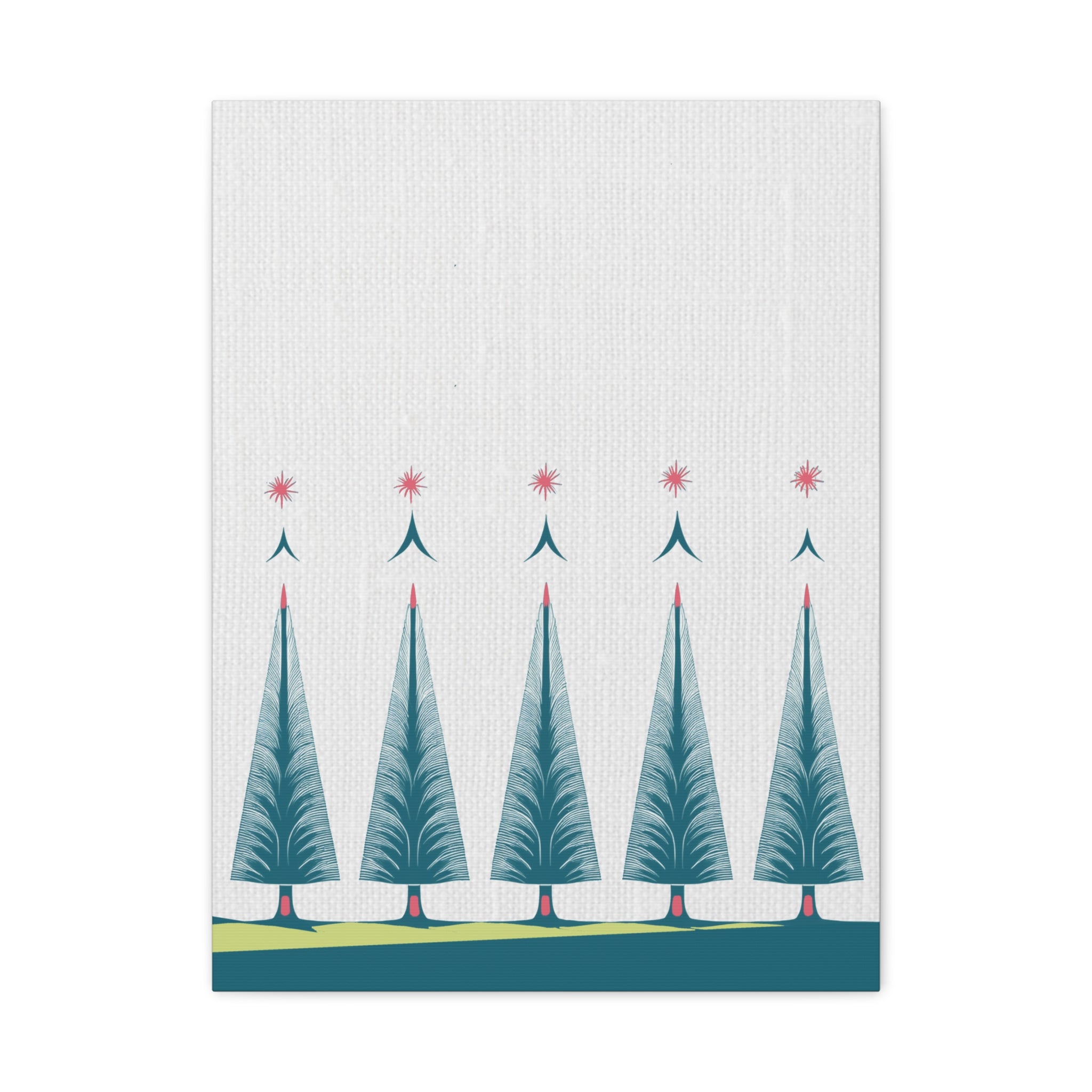 Midwest Mod Holiday Five Folk Trees Print- Matte Canvas, Stretched, 1.25", holiday decor, Christmas, Trees, Whimsical, Scandi, Folk