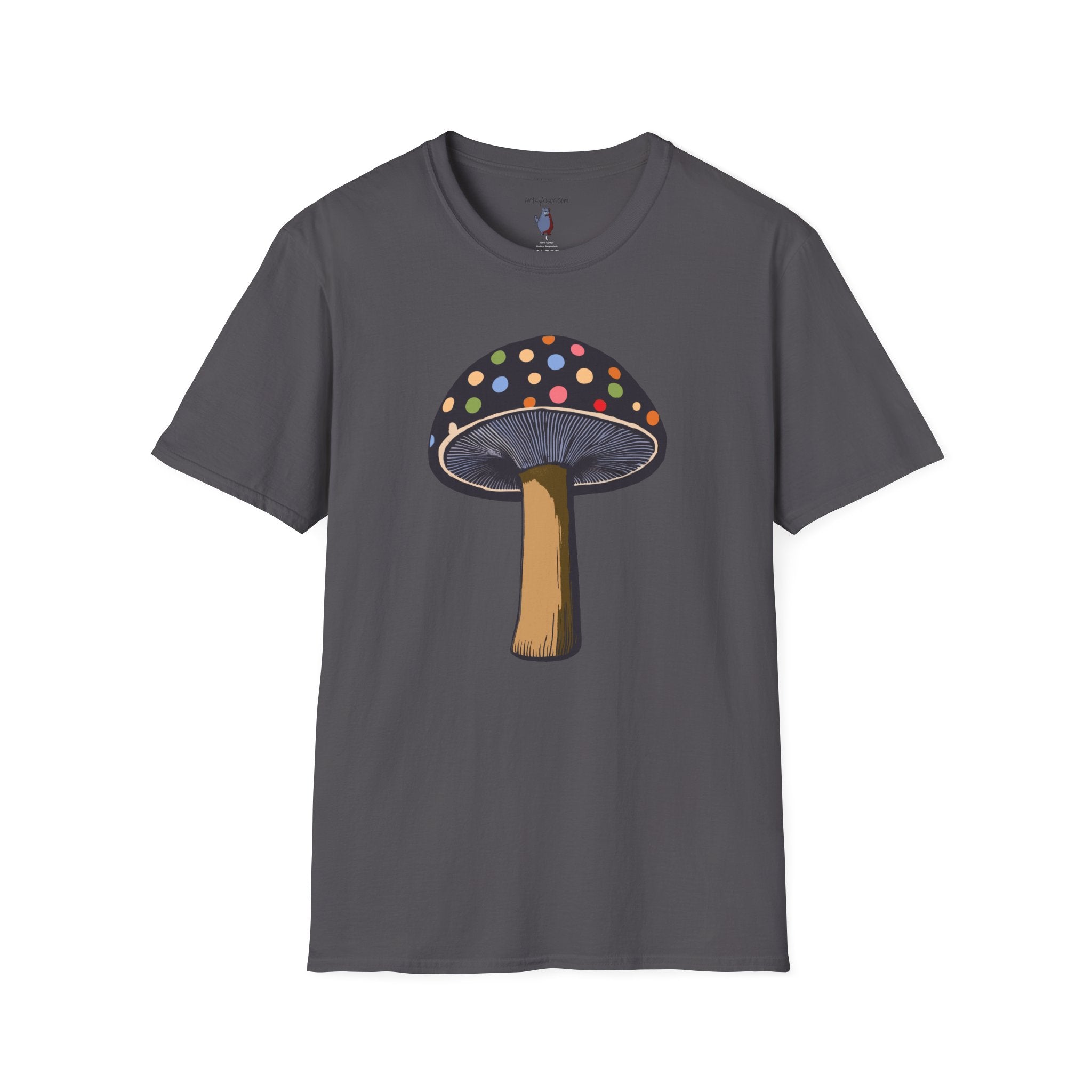 Multi Color Polka Dot Mushroom Graphic Art Tee - 100% Cotton T-Shirt