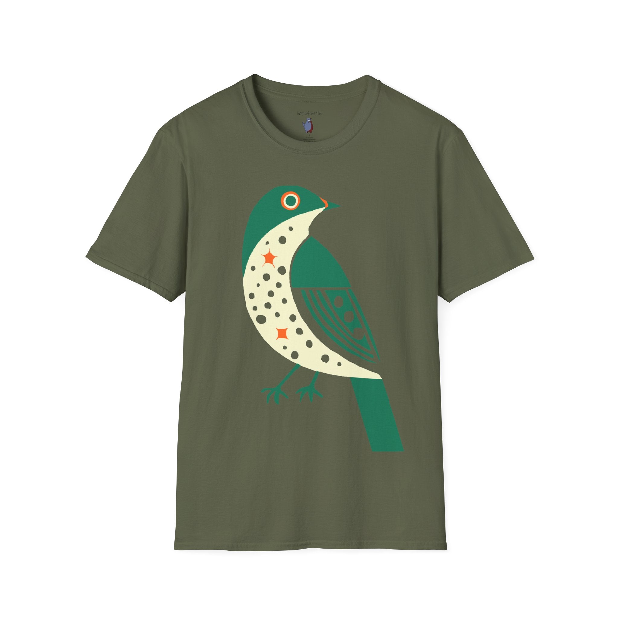 Green and Orange Moon Bird Graphic Art Tee - 100% Cotton T-Shirt