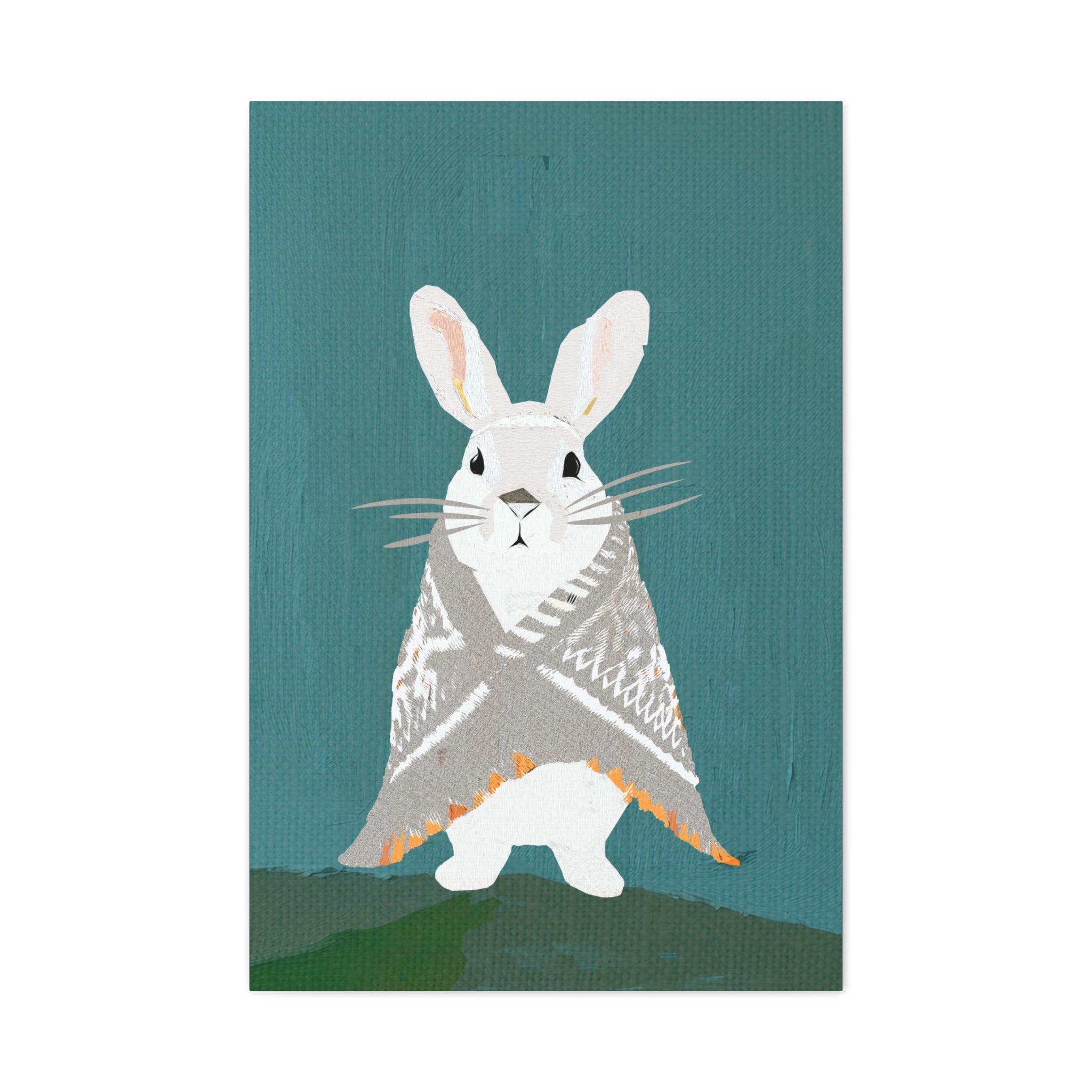 Midwest Mod Snowshoe Hare Bunny Rabbit with Blanket Winter Print- Matte Canvas, Stretched, 1.25", holiday decor, winter, cozy, snowshoe hare, bunny rabbit, blankets
