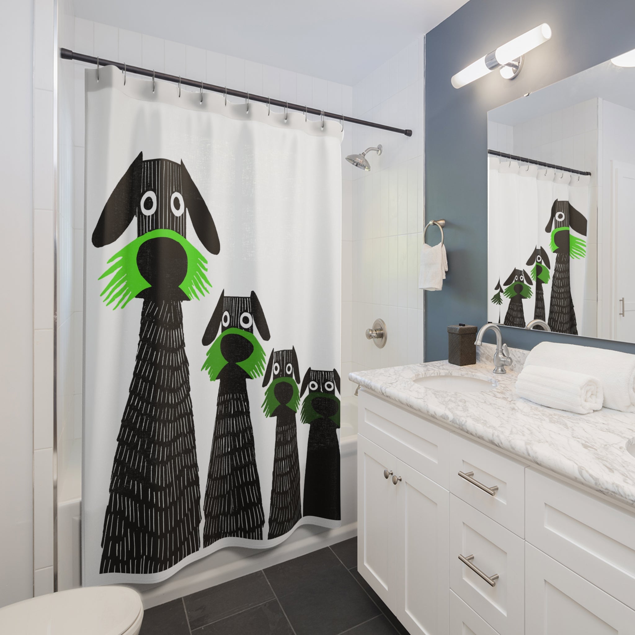 Retro Inspired Wide Eyed Dogs Shower Curtain Green Gradient