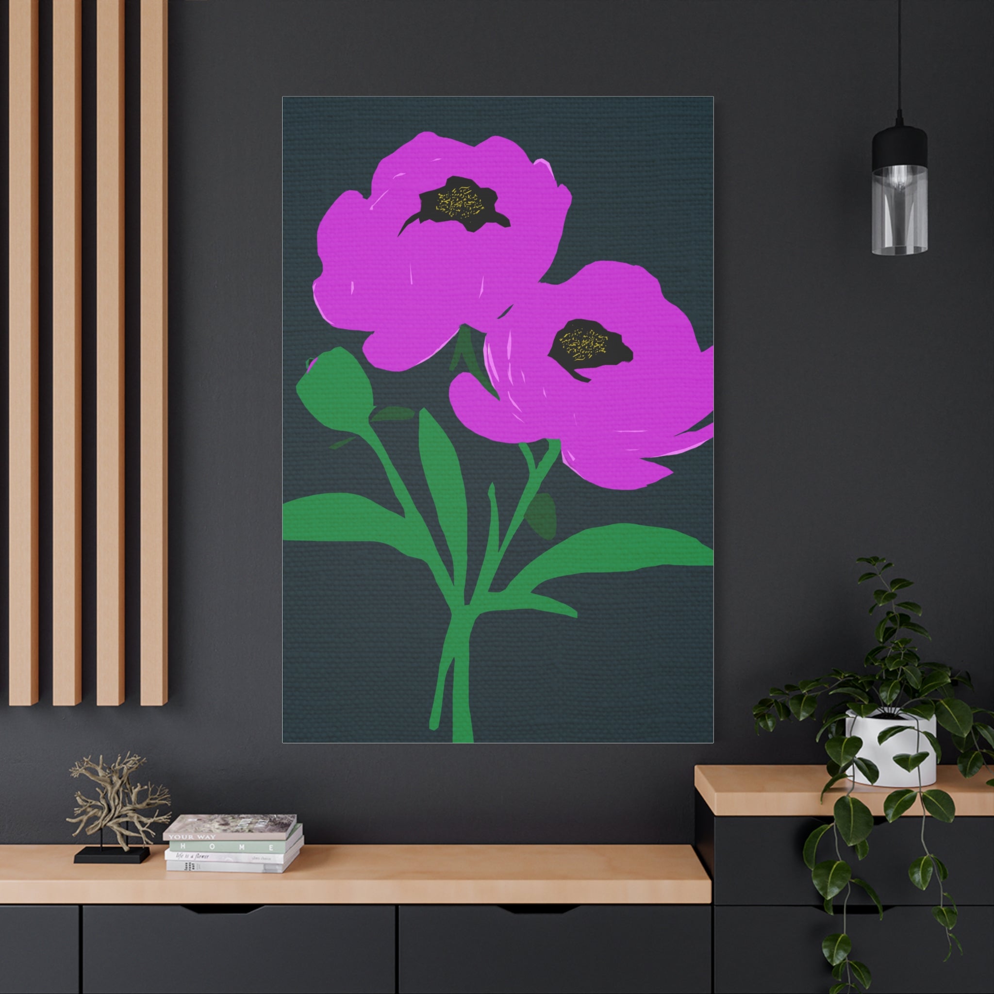Modern Abstract Pink Peony Peonies with Navy Blue - Matte Canvas, Stretched, 1.25"