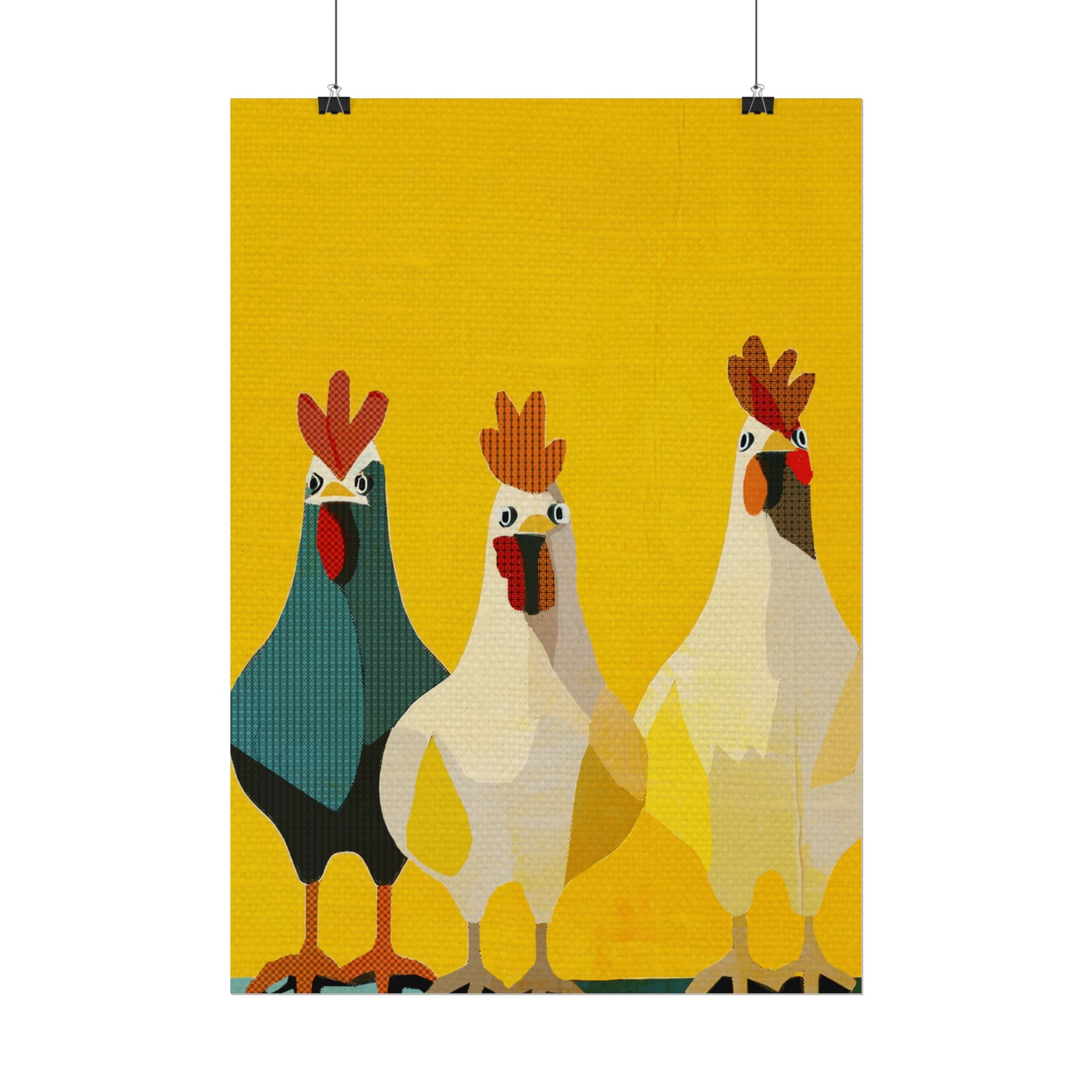 Midwest Modern Pop Art Chicken Trio Two Print Rolled Poster | Farmhouse Wall Art, Rustic Decor, Animal Print, Kitchen Decor, Gift For Chicken Lovers