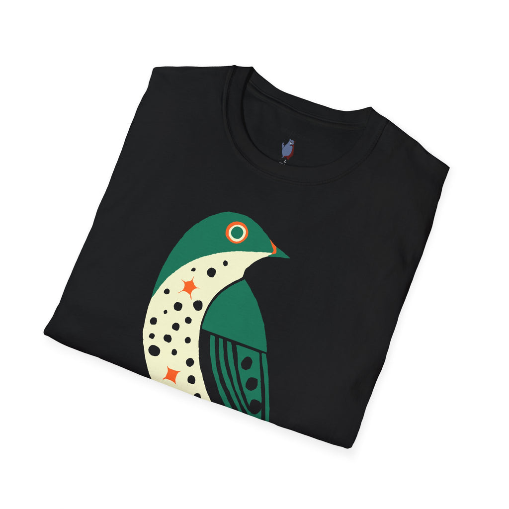 Green and Orange Moon Bird Graphic Art Tee - 100% Cotton T-Shirt