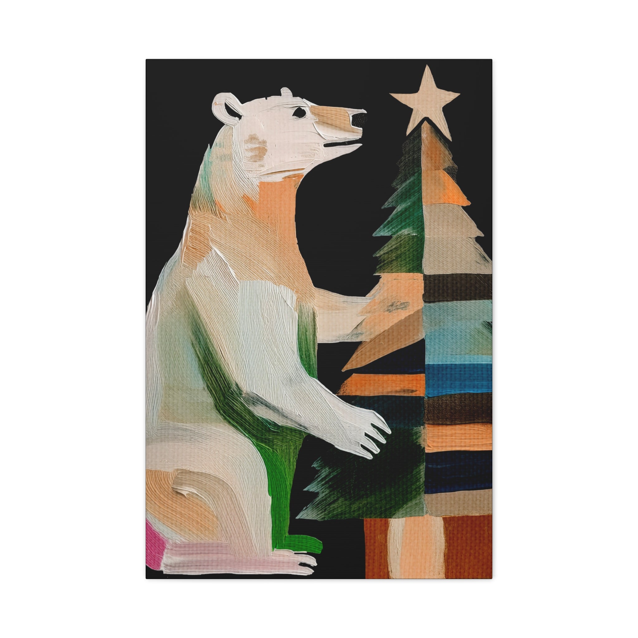 Midwest Mod Seasonal Christmas Art Print - Polar Bear Decorating Tree - Matte Canvas, Stretched, 1.25"
