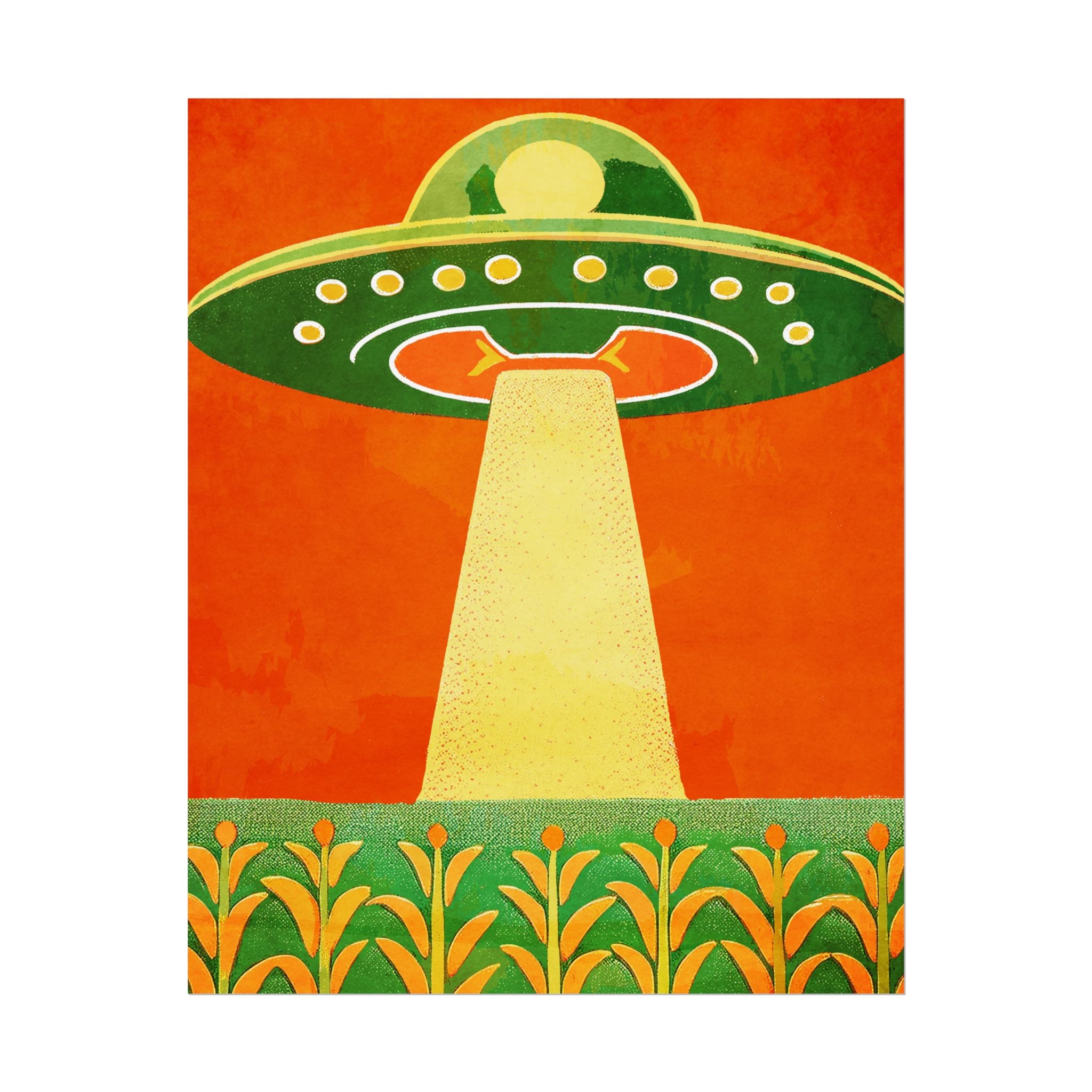 UFO Flying Saucer UAP Art Rolled Poster -  Retro Sci‑Fi Cornfield Print