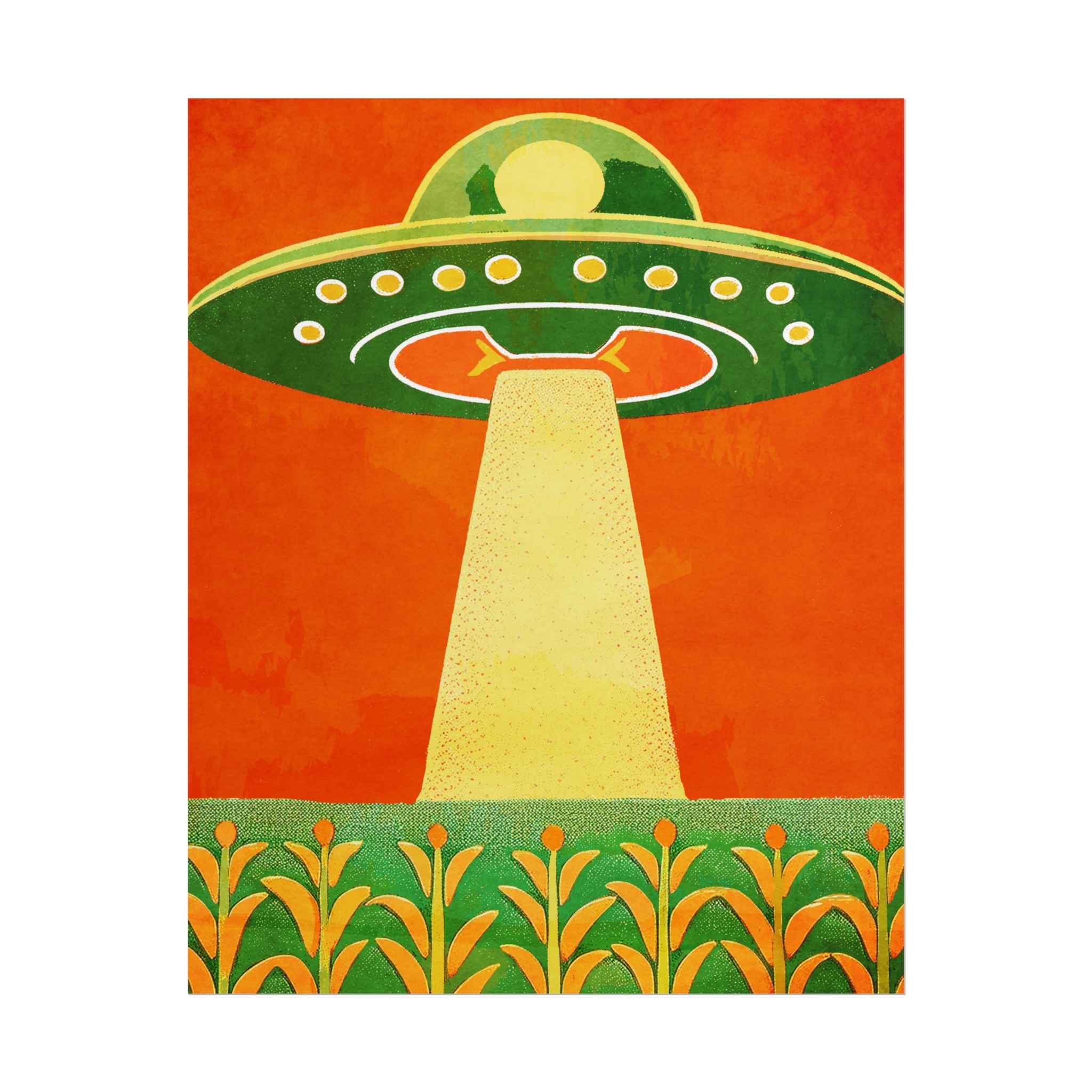 UFO Flying Saucer UAP Art Rolled Poster -  Retro Sci‑Fi Cornfield Print