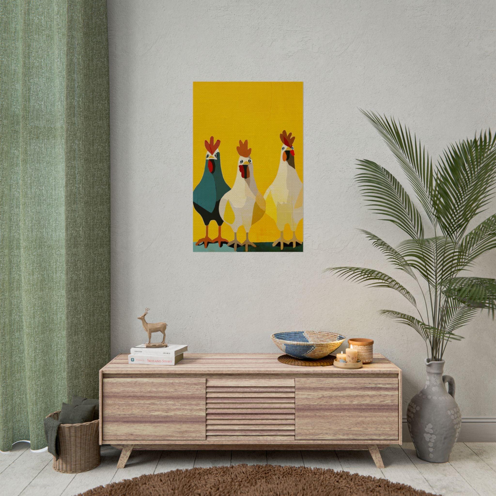 Midwest Modern Pop Art Chicken Trio Two Print Rolled Poster | Farmhouse Wall Art, Rustic Decor, Animal Print, Kitchen Decor, Gift For Chicken Lovers