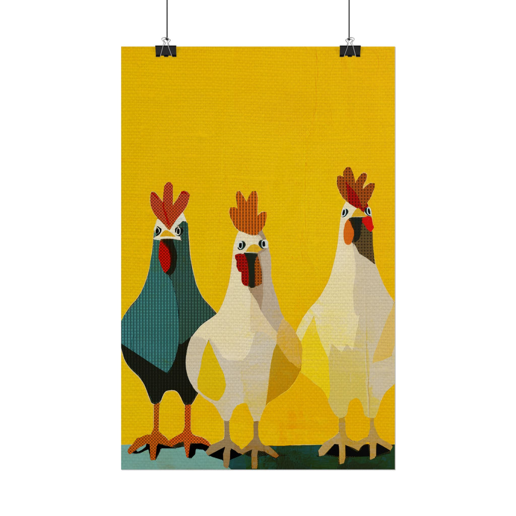 Midwest Modern Pop Art Chicken Trio Two Print Rolled Poster | Farmhouse Wall Art, Rustic Decor, Animal Print, Kitchen Decor, Gift For Chicken Lovers