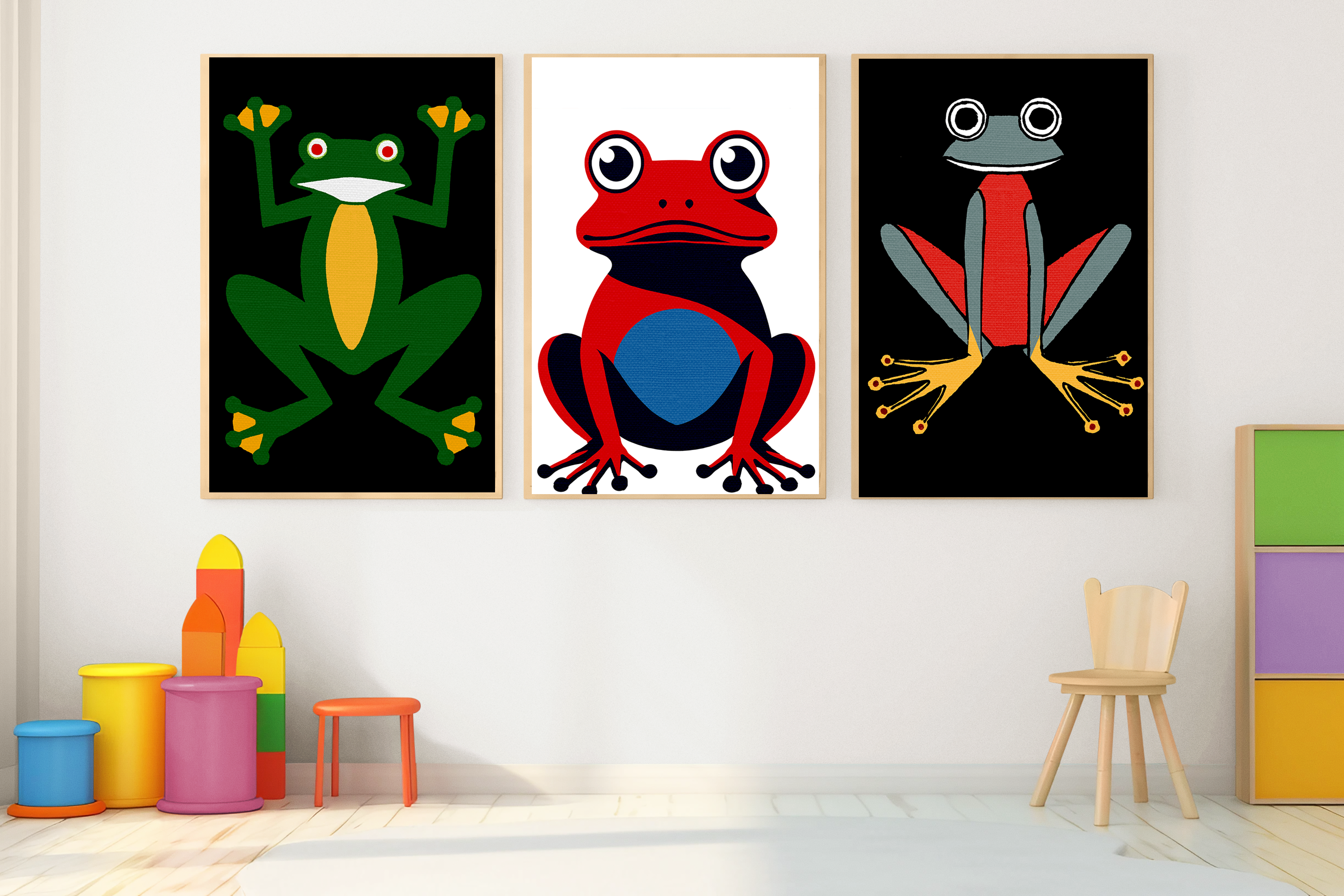Midwest Modern Vibrant Green & Yellow Frog Nursery Art Print - Matte Canvas, Stretched, 1.25"