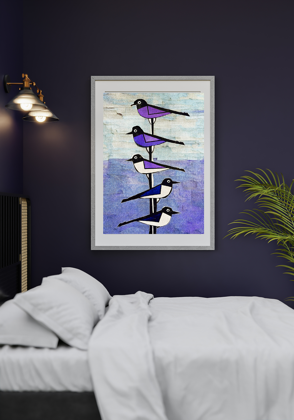 Midwest Modern Purple Birds on a Wire Art Print  - Matte Canvas, Stretched, 1.25"