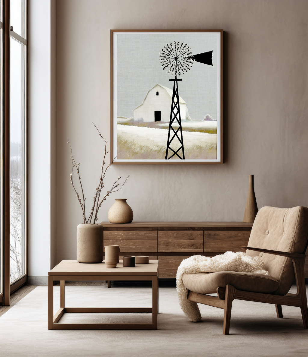 Midwest Modern Prairie Barn with Windmill - Matte Canvas, Stretched, 1.25"