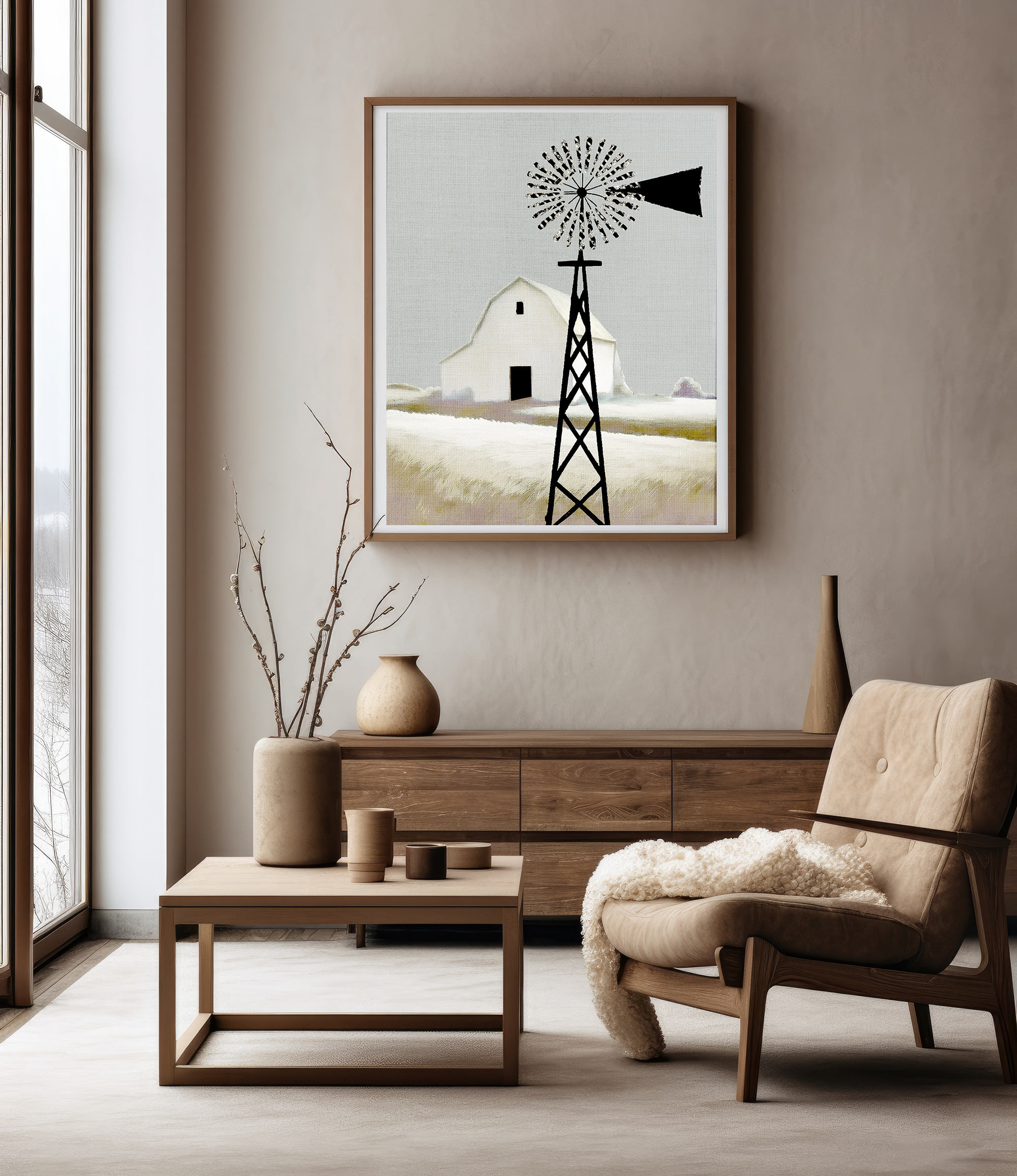 Midwest Modern Prairie Barn with Windmill - Matte Canvas, Stretched, 1.25"