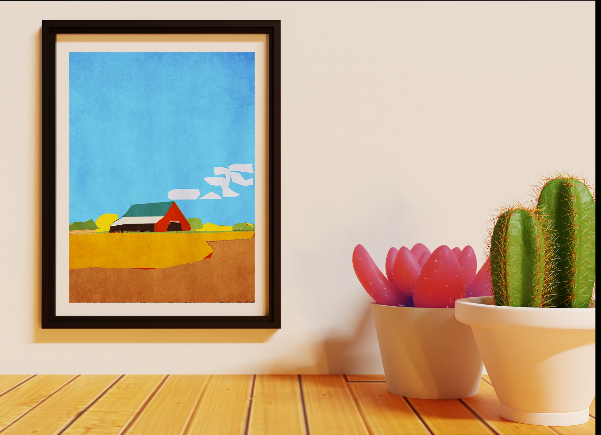 Midwest Modern Prairie Red Barn Landscape - Matte Canvas, Stretched, 1.25"