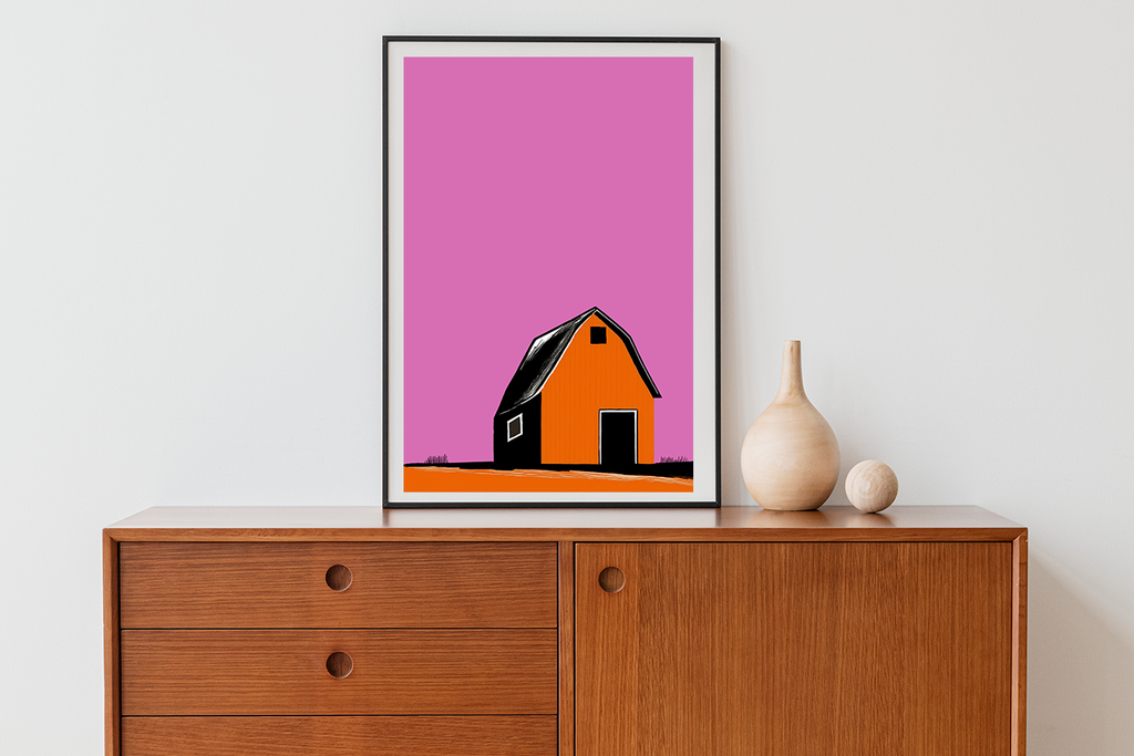 Midwest Modern Prairie Orange Barn Landscape - Matte Canvas, Stretched, 1.25"