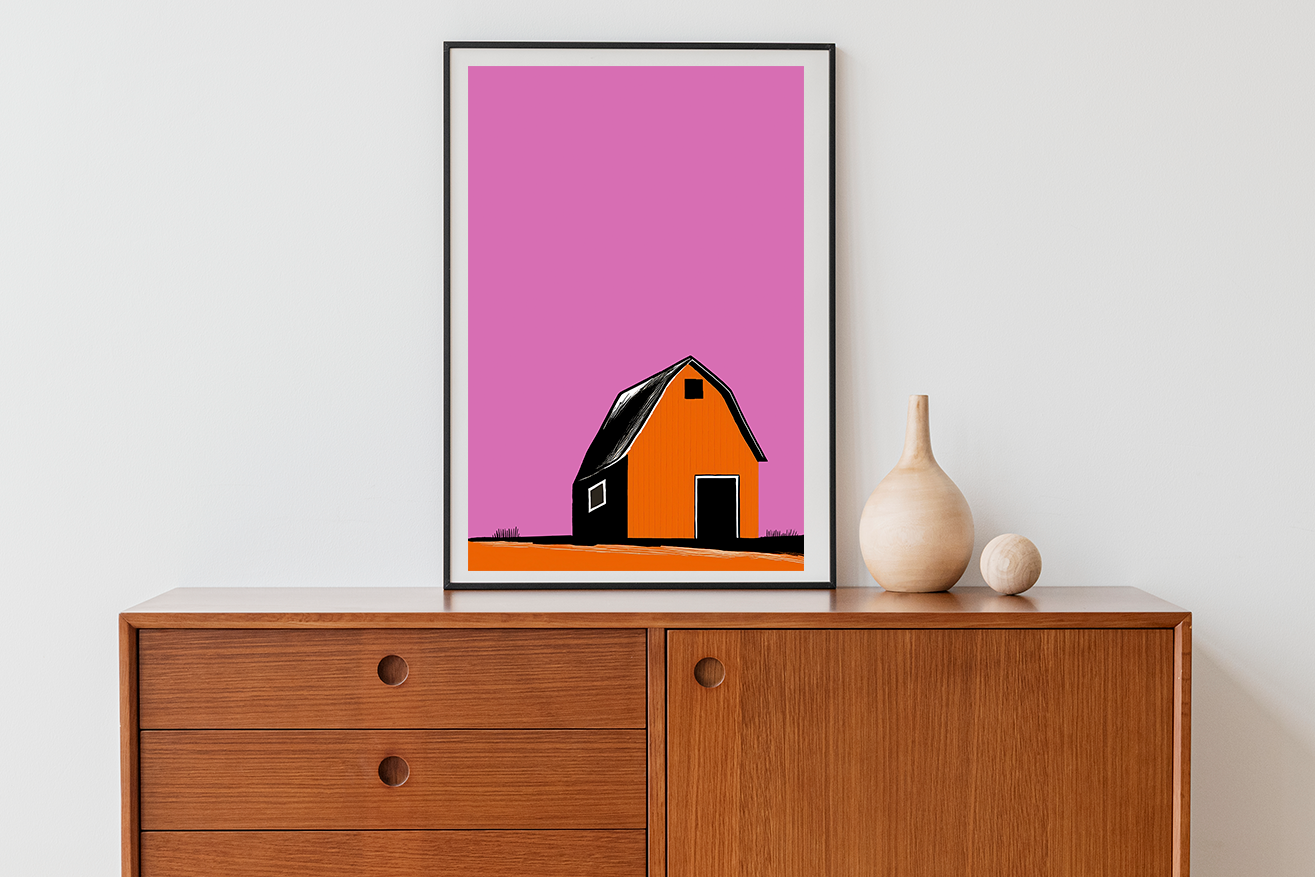 Midwest Modern Prairie Orange Barn Landscape - Matte Canvas, Stretched, 1.25"