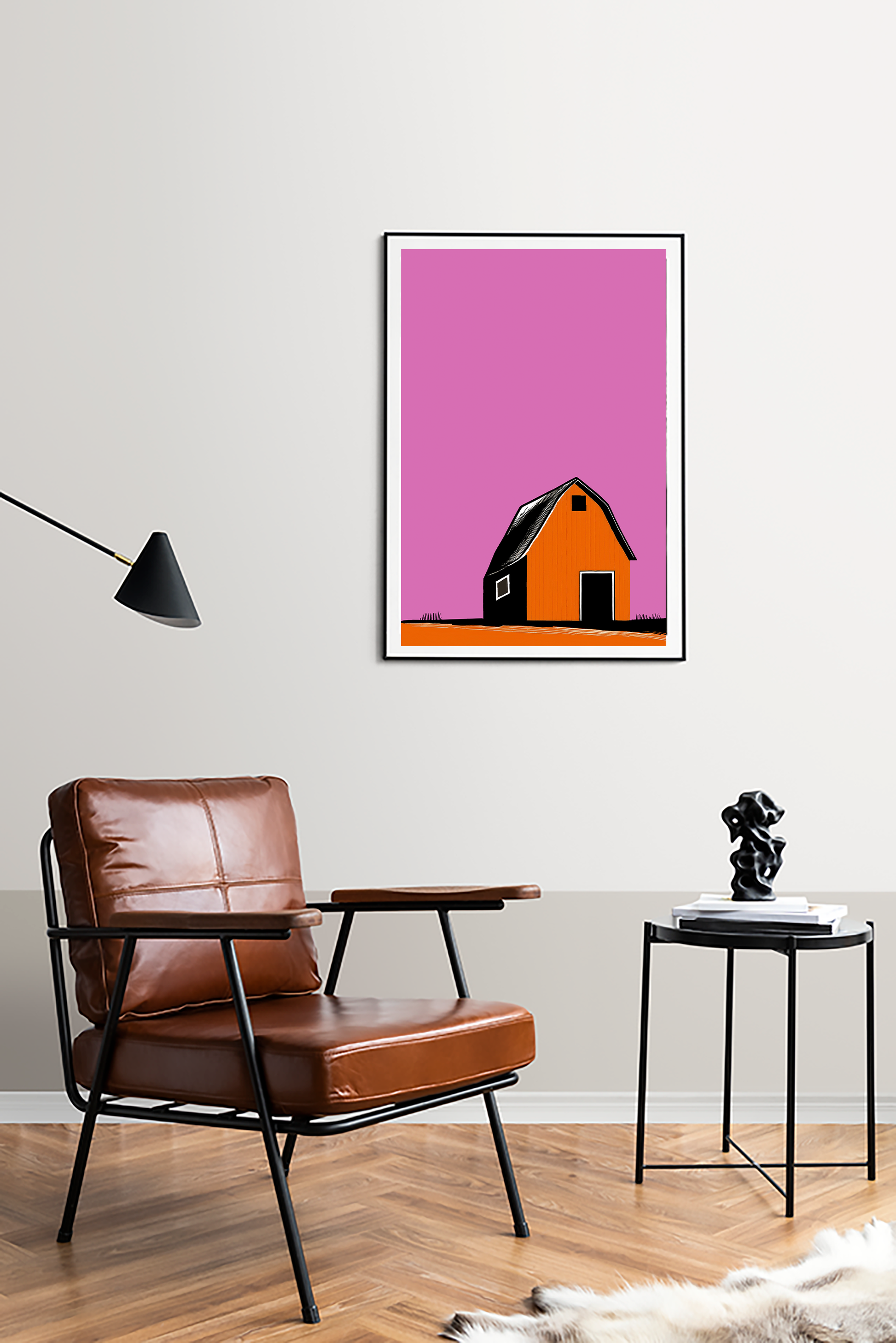 Midwest Modern Prairie Orange Barn Landscape - Matte Canvas, Stretched, 1.25"