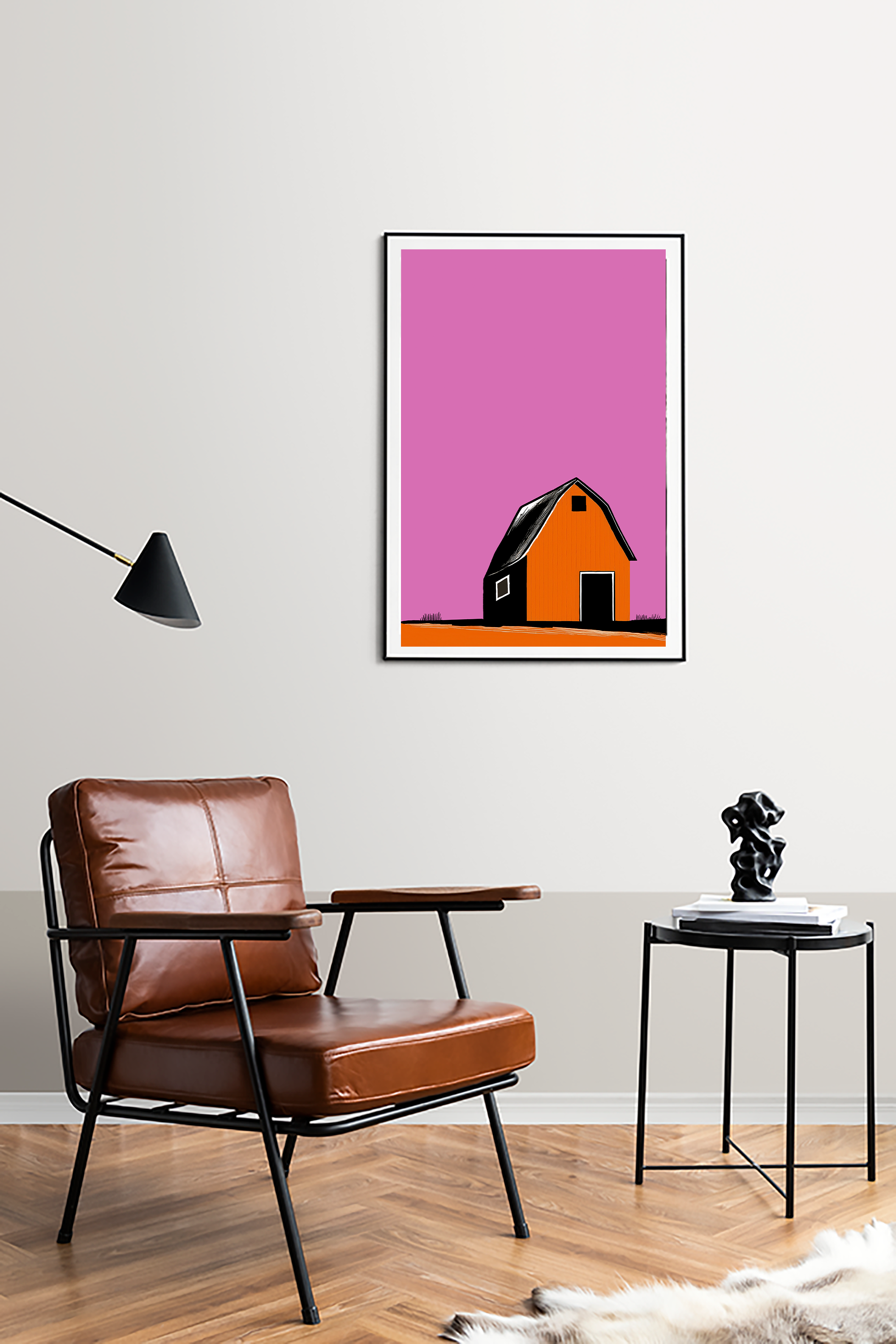 Midwest Modern Prairie Orange Barn Landscape - Matte Canvas, Stretched, 1.25"