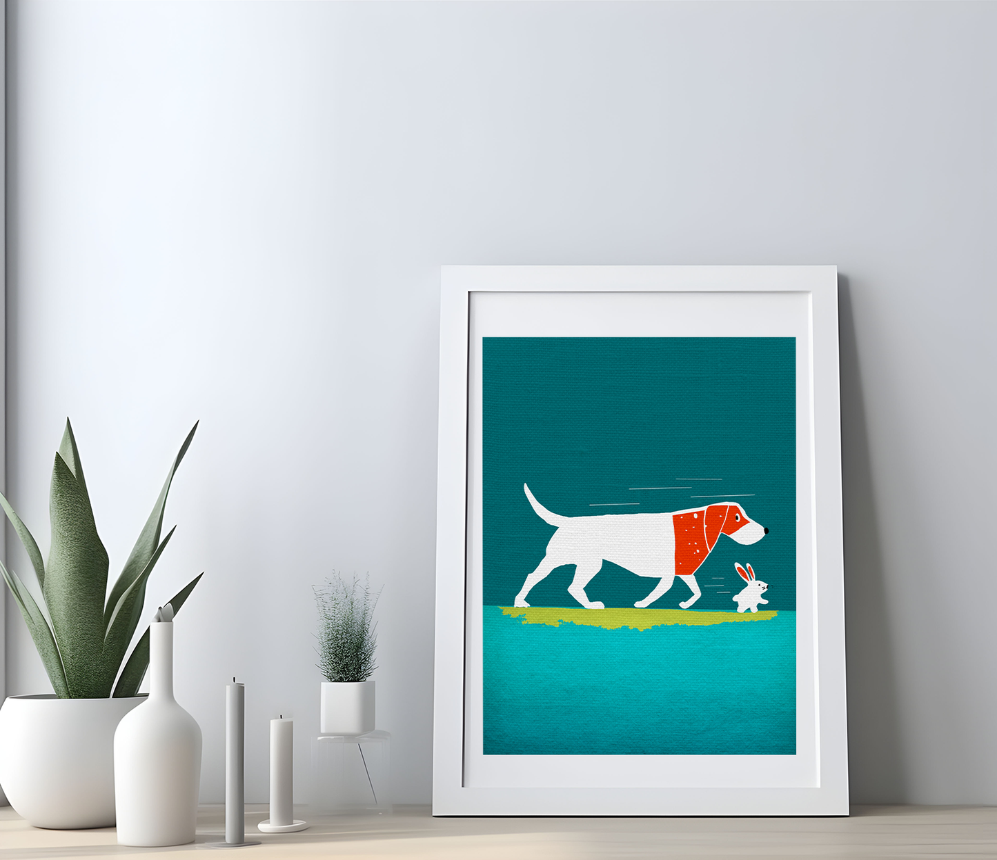Midwest Mod Dog and Rabbit Run Art Print  - Matte Canvas, Stretched, 1.25"