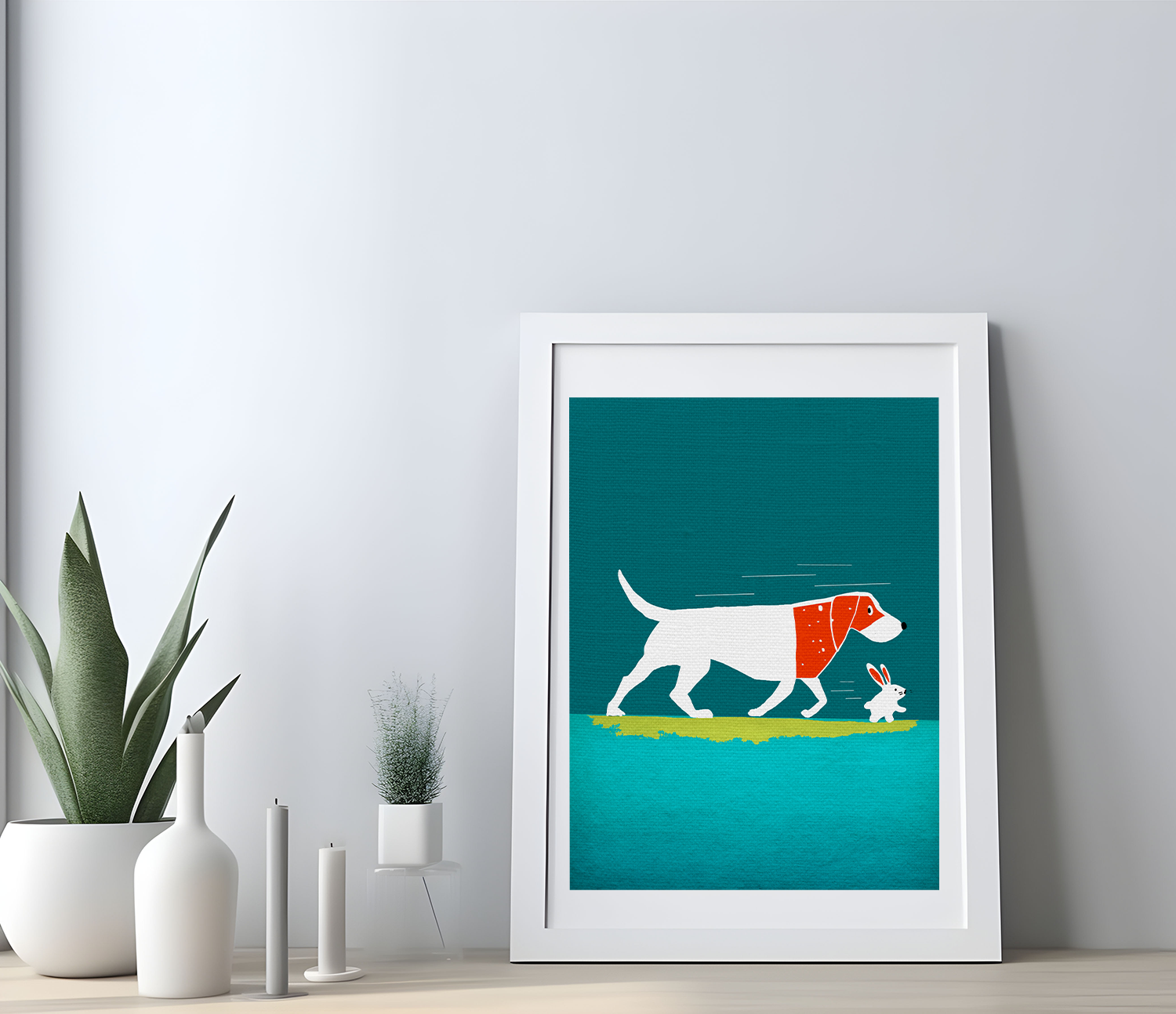 Midwest Mod Dog and Rabbit Run Art Print  - Matte Canvas, Stretched, 1.25"
