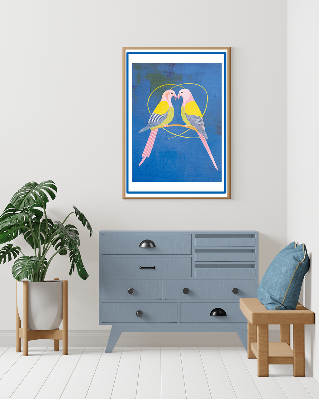 Midwest Mod Lovebirds in Blue Art Print  - Matte Canvas, Stretched, 1.25"