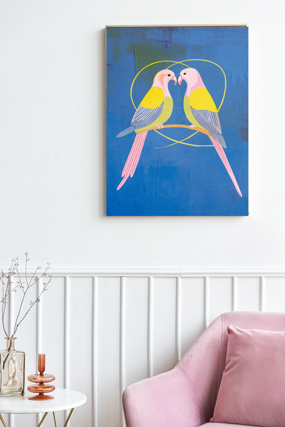 Midwest Mod Lovebirds in Blue Art Print  - Matte Canvas, Stretched, 1.25"