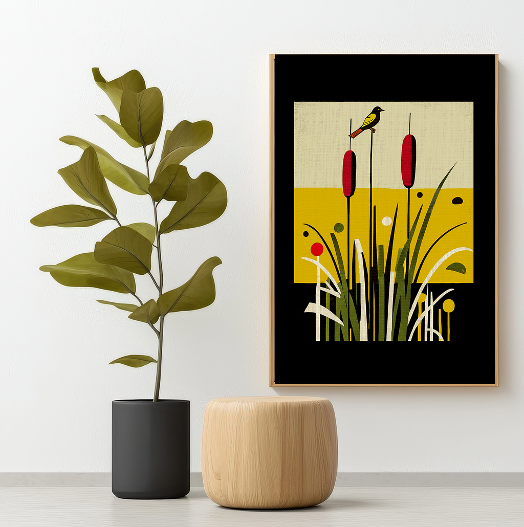 Midwest Mod Cattails with Bird Art Print  - Matte Canvas, Stretched, 1.25"