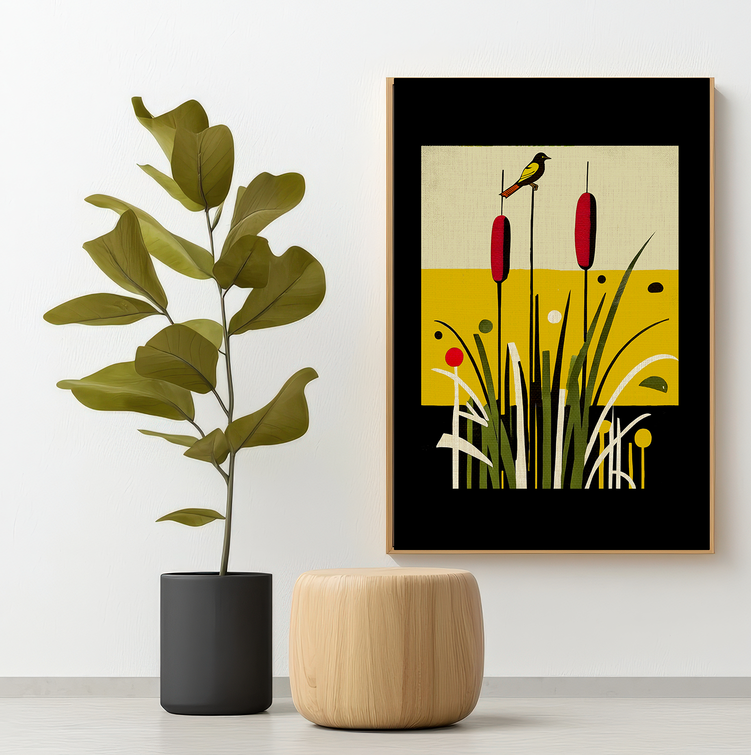 Midwest Mod Cattails with Bird Art Print  - Matte Canvas, Stretched, 1.25"