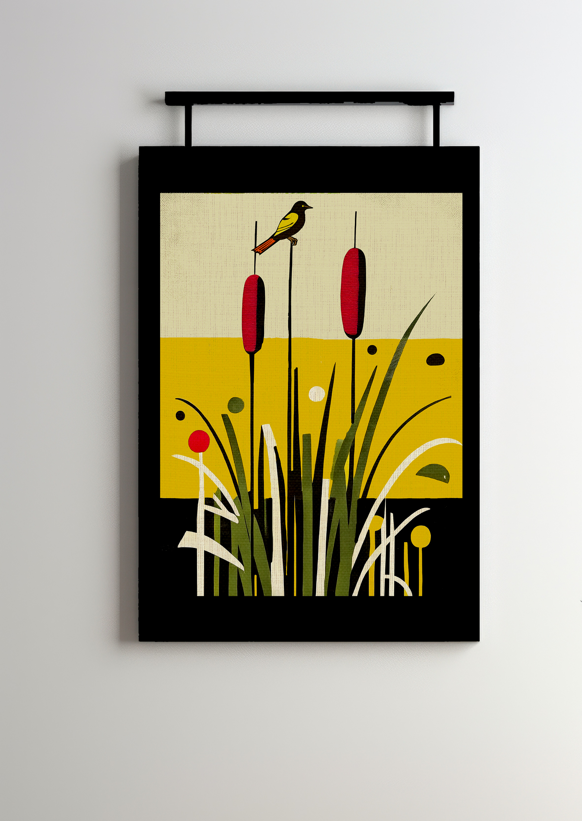 Midwest Mod Cattails with Bird Art Print  - Matte Canvas, Stretched, 1.25"