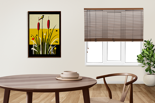 Midwest Mod Cattails with Bird Art Print  - Matte Canvas, Stretched, 1.25"