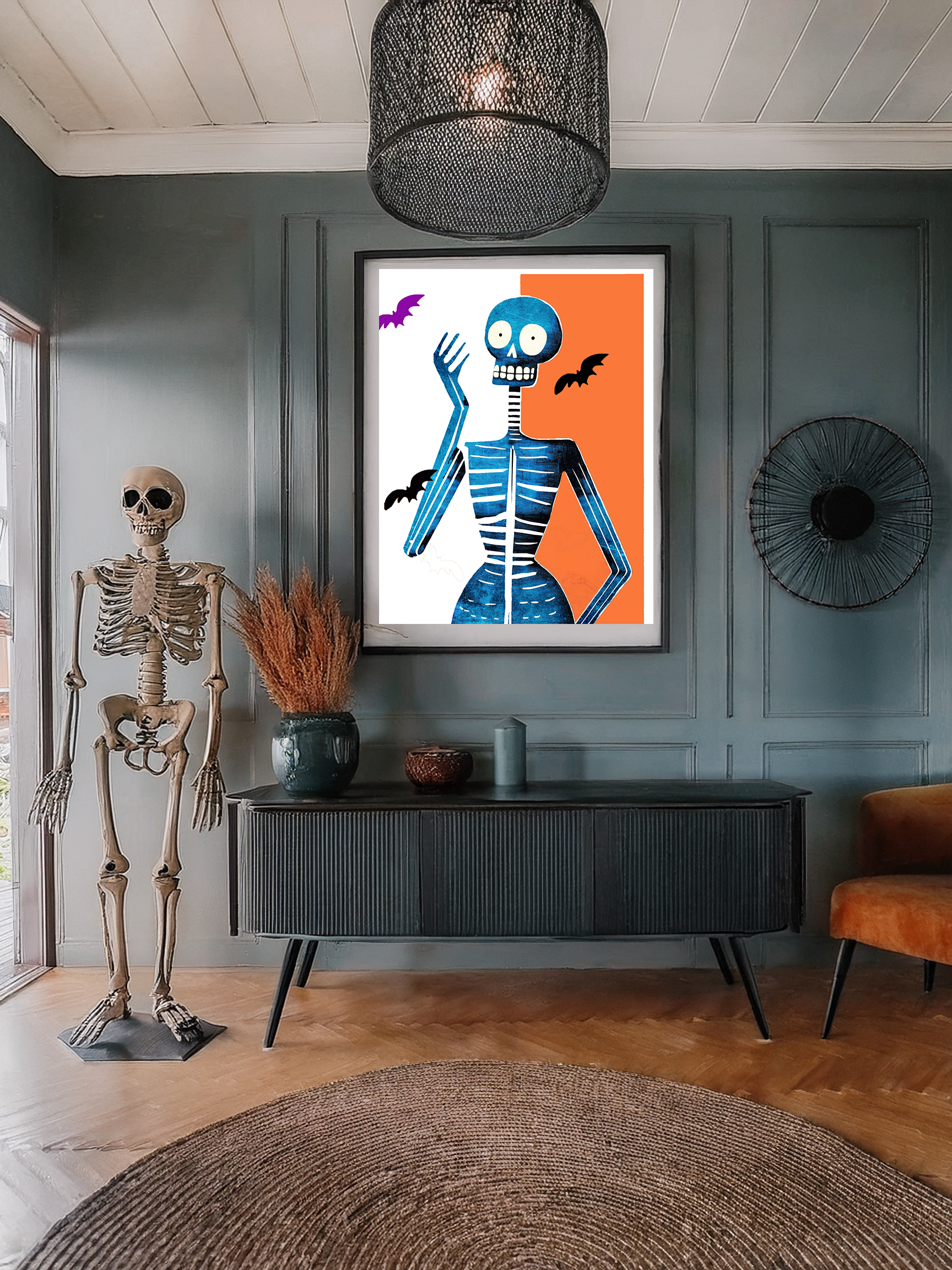 Oops, My Arm! Blue Skeleton Halloween Art Print  - Matte Canvas, Stretched, 1.25"
