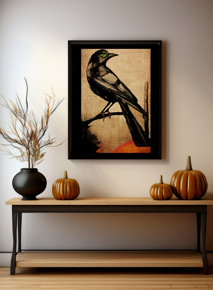 Midwest Mod Moody Raven Seasonal Silk Poster, Indoor and Outdoor Decor, Unique Home Decor, Seasonal Decor, Halloween, Raven, Bird