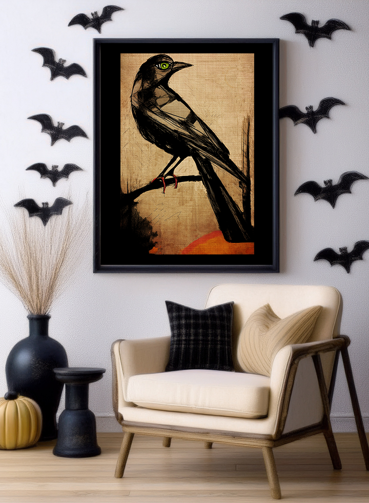 Midwest Mod Moody Raven Seasonal Silk Poster, Indoor and Outdoor Decor, Unique Home Decor, Seasonal Decor, Halloween, Raven, Bird