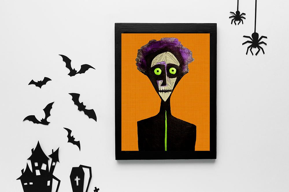 Midwest Mod Wide Eyed Zombie Seasonal Silk Poster, Indoor and Outdoor Decor, Unique Home Decor, Seasonal Decor, Halloween, Zombie, Monster, Creature