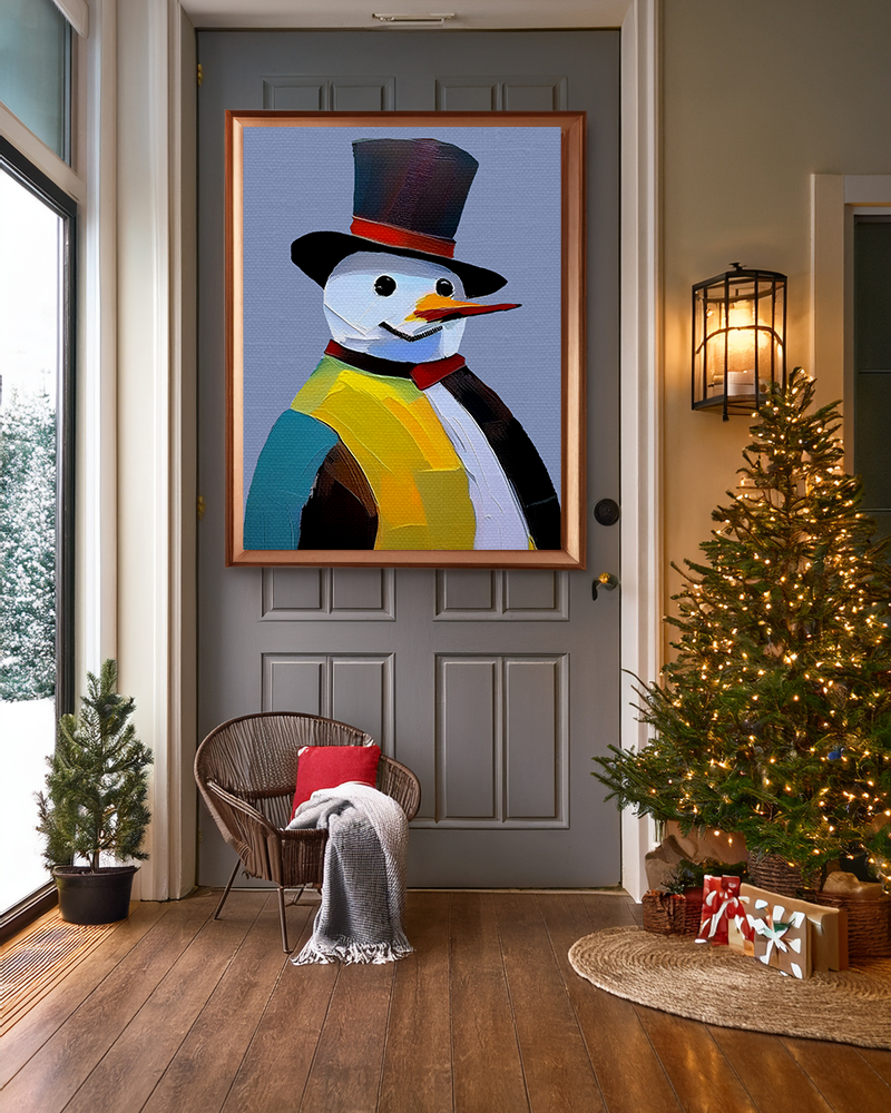 Midwest Mod Painted Snowman Seasonal Silk Poster, Indoor and Outdoor Decor, Unique Home Decor, Seasonal Decor, Christmas, Holiday