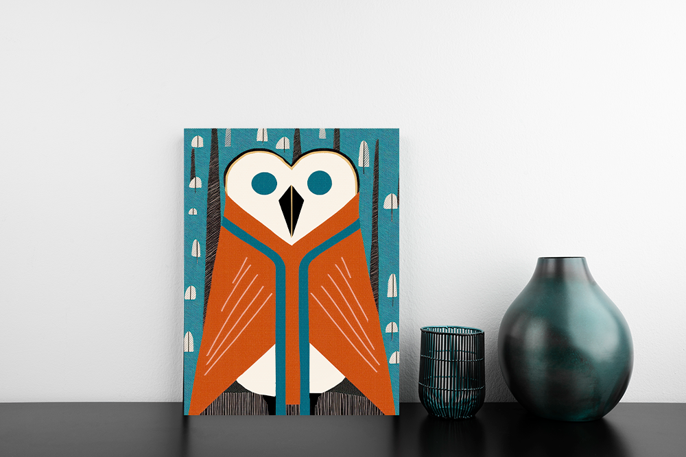 Midwest Mod Snowy Owl with Blanket Winter Print- Matte Canvas, Stretched, 1.25", holiday decor, winter, cozy, owl, blankets