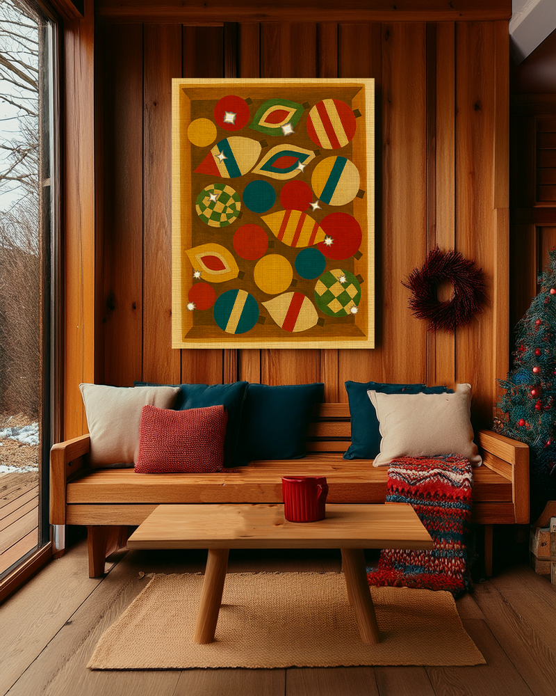 Midwest Mod Seasonal Christmas Art Print -Vintage Glass Box of Ornaments - Matte Canvas, Stretched, 1.25"