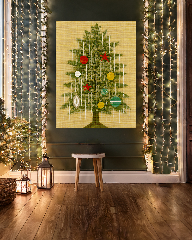 Midwest Mod Seasonal Christmas Art Print -Vintage Tinsel Adorned Tree- Matte Canvas, Stretched, 1.25"