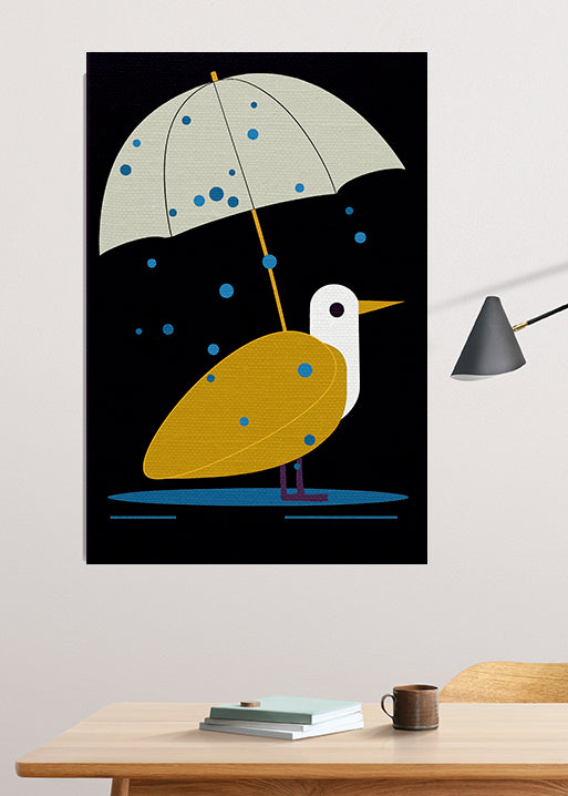 Midwest Modern Rainy Day Bird Print - Matte Canvas, Stretched, 1.25" - wall decor, fun art, modern, simple, graphic, bird, rain, umbrella