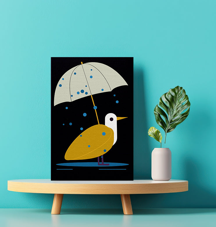 Midwest Modern Rainy Day Bird Print - Matte Canvas, Stretched, 1.25" - wall decor, fun art, modern, simple, graphic, bird, rain, umbrella
