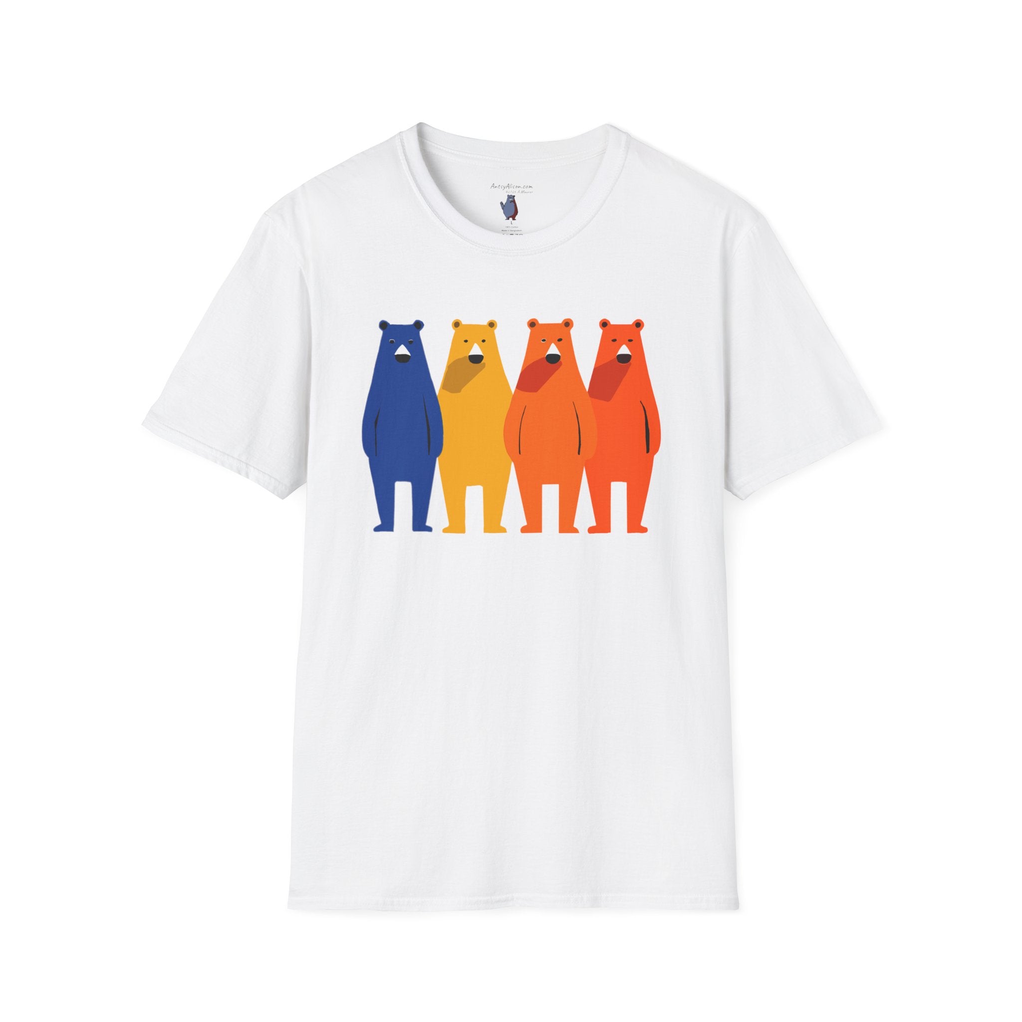 Midwest Modern Primary Row of Four Standing Bears - 100% Cotton Graphic Tee - animal lovers, primary colors, bears