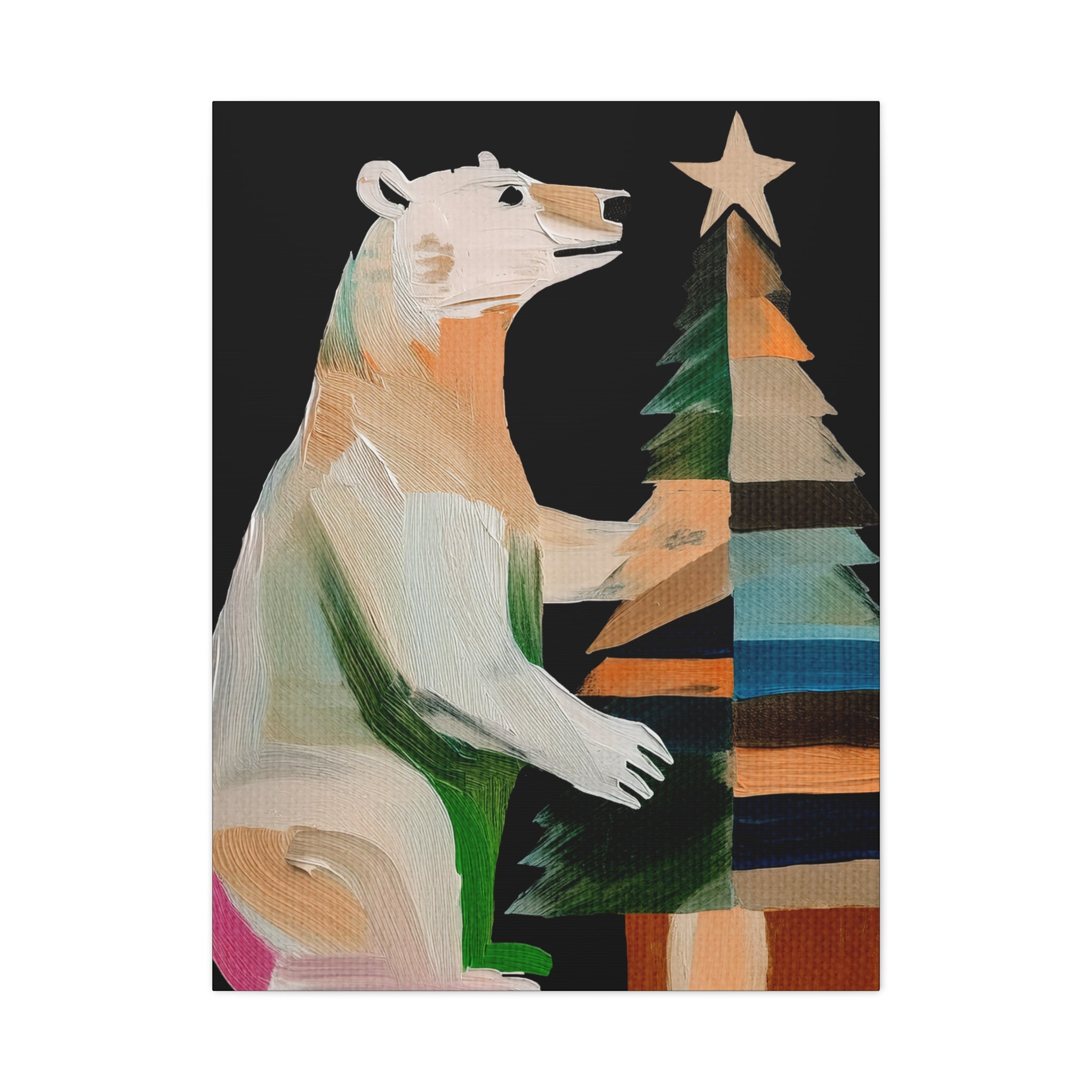 Midwest Mod Seasonal Christmas Art Print - Polar Bear Decorating Tree - Matte Canvas, Stretched, 1.25"