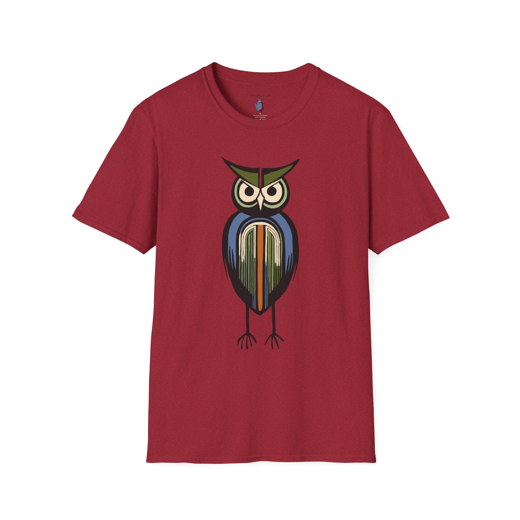 Midwest Modern Serious Striped Owl Graphic Art Tee - 100% Cotton T-Shirt