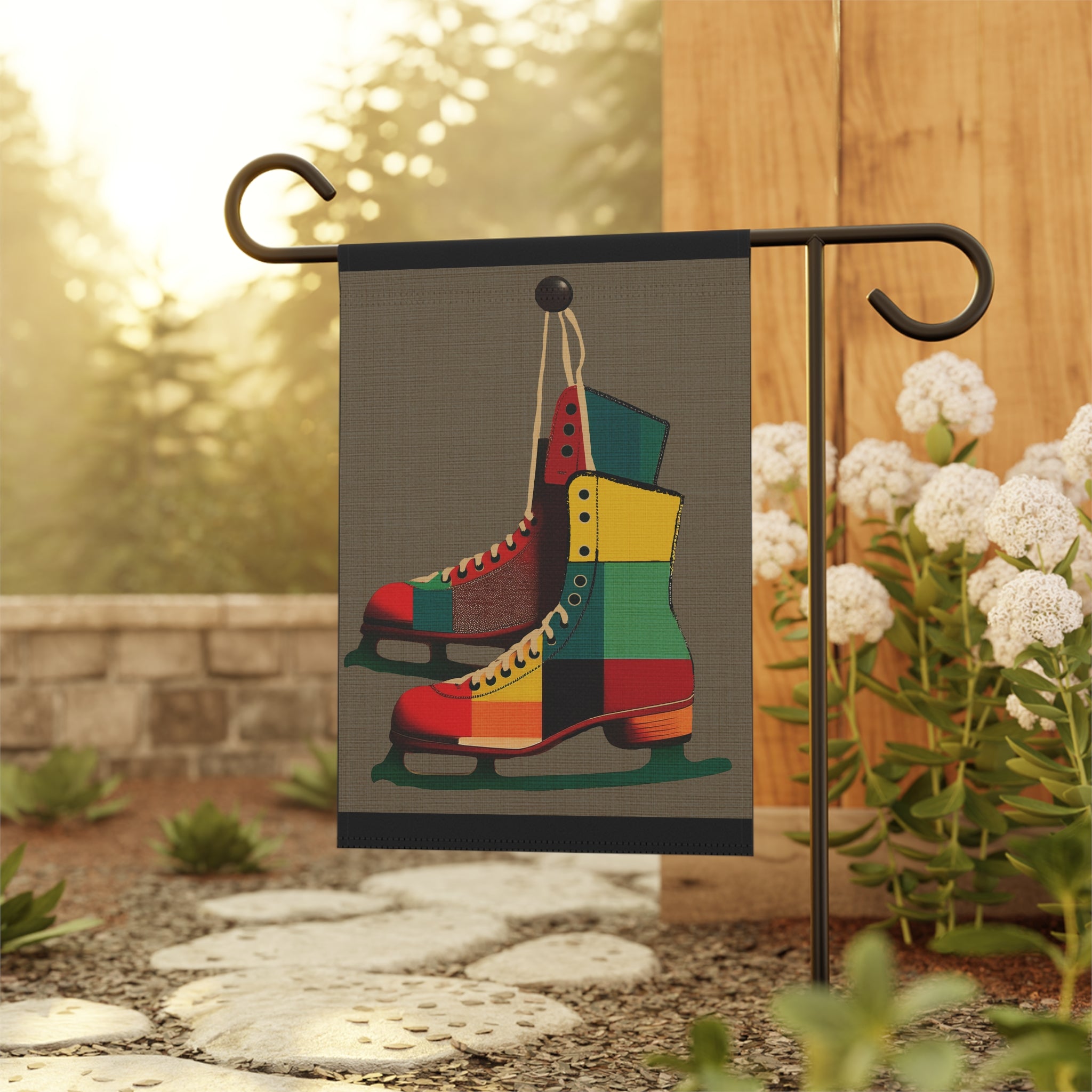 Seasonal Winter Midwest Mod Pair of Ice Skates in Plaid Outdoor House Flag Garden Banner