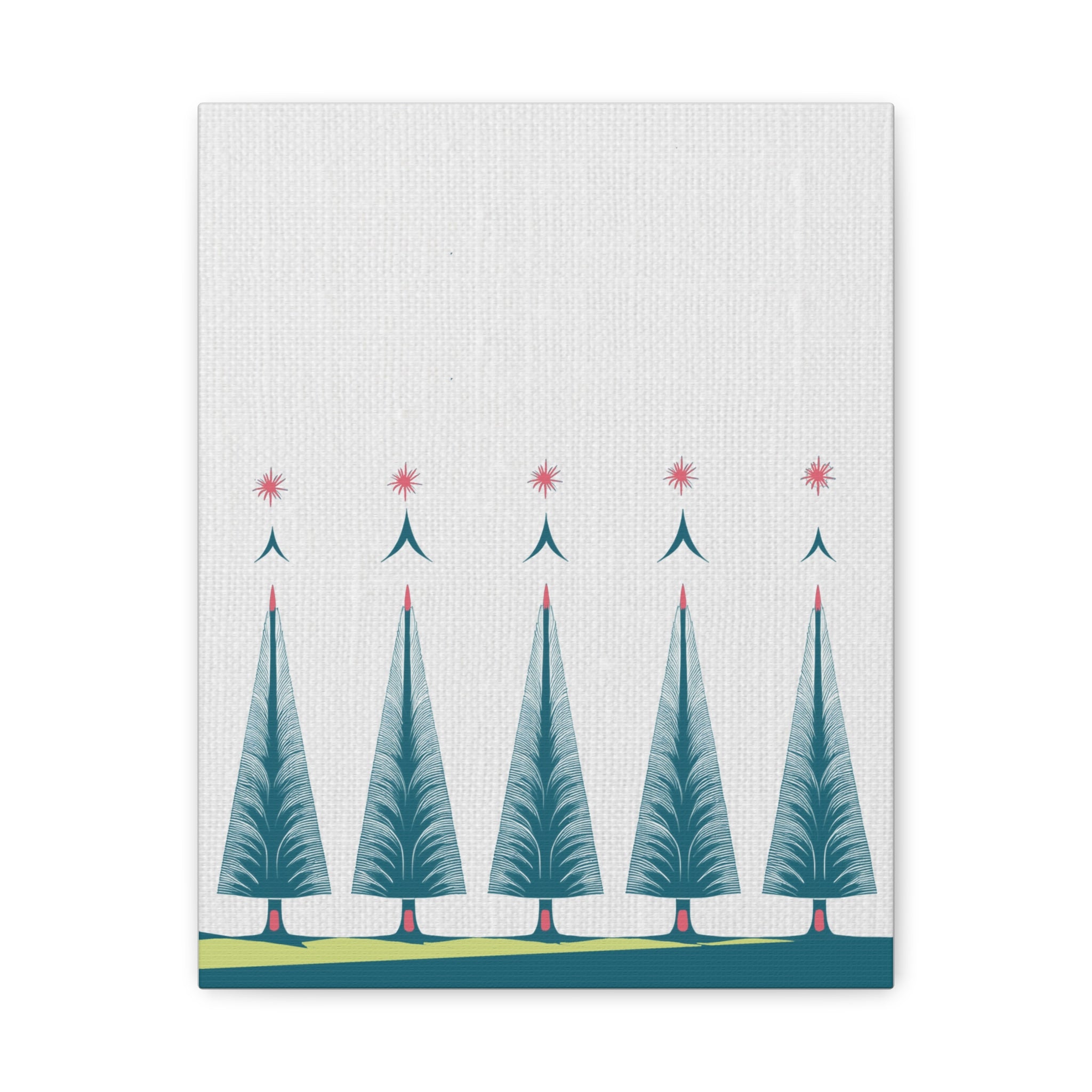 Midwest Mod Holiday Five Folk Trees Print- Matte Canvas, Stretched, 1.25", holiday decor, Christmas, Trees, Whimsical, Scandi, Folk