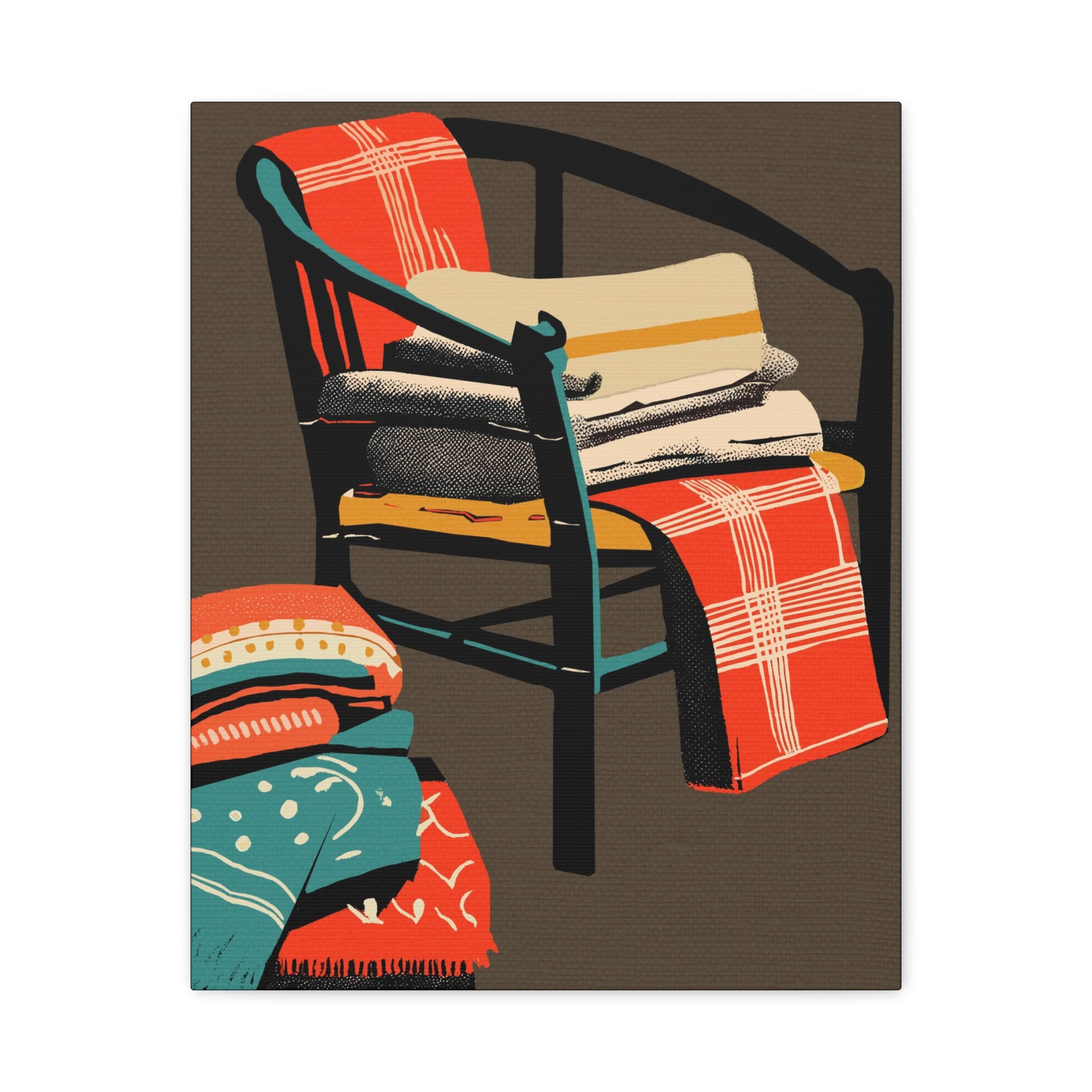 Lake Cabin Camp Chair with Blankets Art Print - Matte Canvas, Stretched, 1.25" -  home decor, wall art, mod chair, blankets, shabby, cabin, camp
