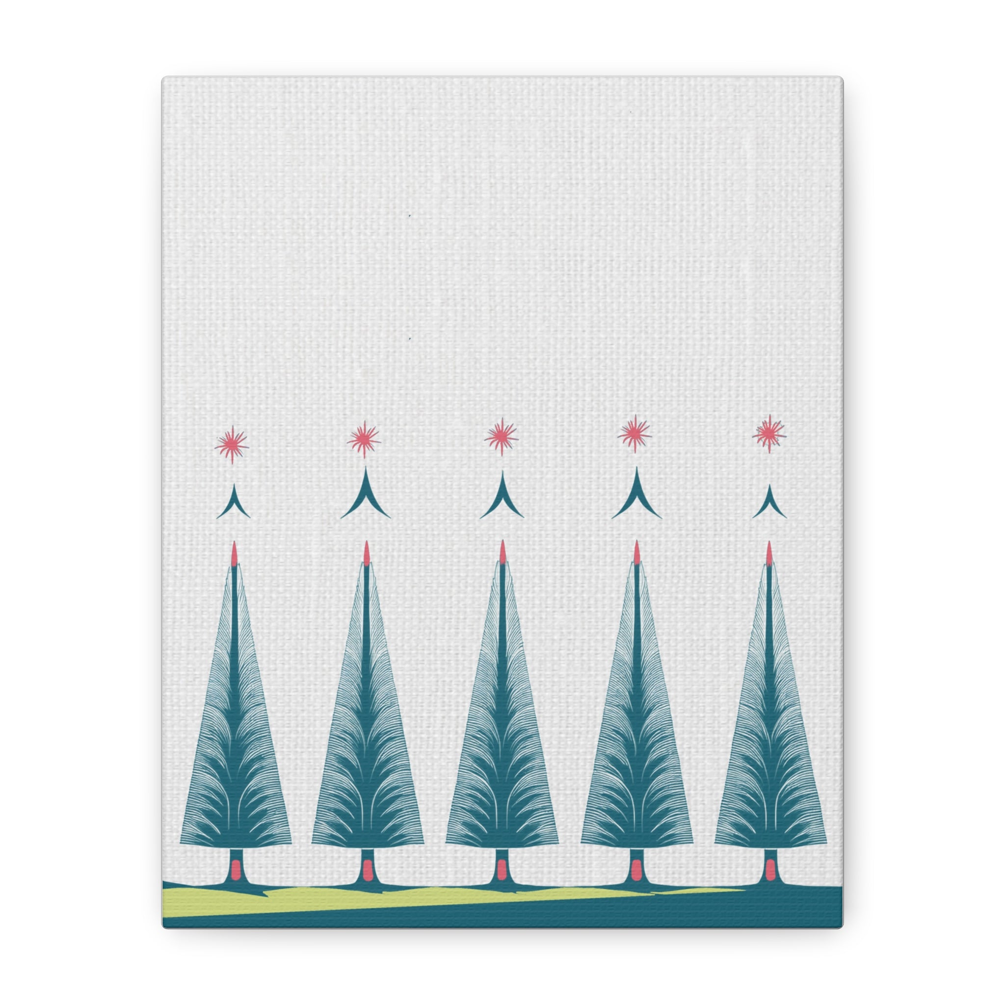 Midwest Mod Holiday Five Folk Trees Print- Matte Canvas, Stretched, 1.25", holiday decor, Christmas, Trees, Whimsical, Scandi, Folk